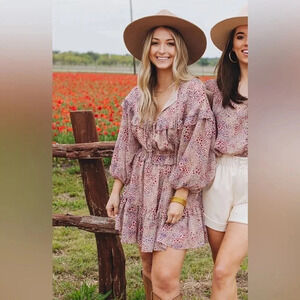 Buddy Love dress long sleeve moody florals tie front bow babydoll tiered maroon